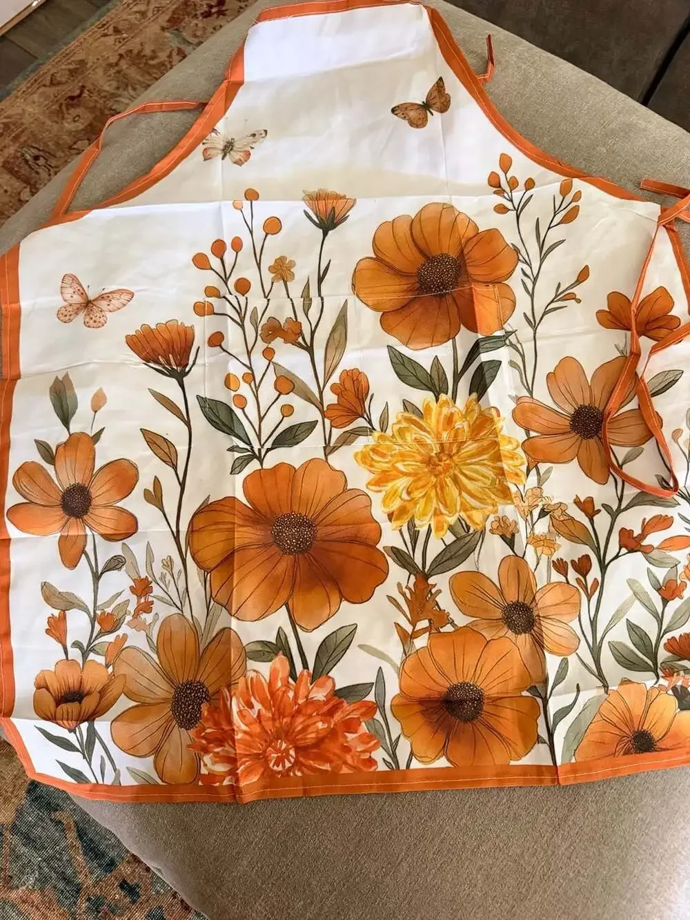 New. Orange Retro Floral & Butterfly Kitchen Apron w/Pockets